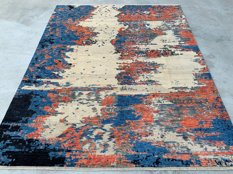 9'7 x 7'10 handgeknoopt Peshawari Chobi wollen tapijt - Modern abstract vloerkleed in blauw, ivoor en roest - KBHM-523