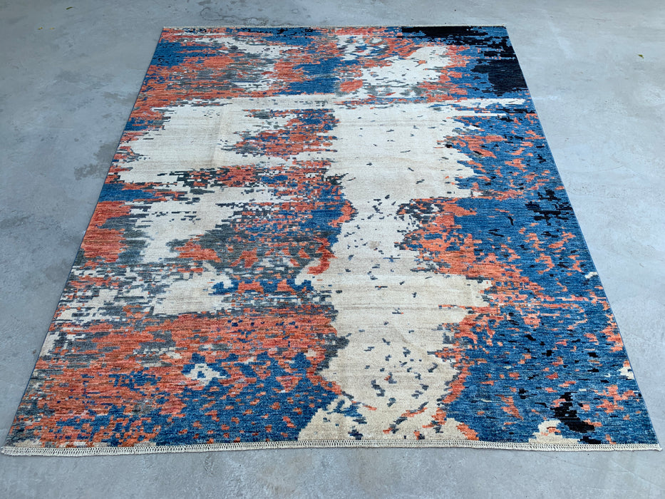 9'7 x 7'10 handgeknoopt Peshawari Chobi wollen tapijt - Modern abstract vloerkleed in blauw, ivoor en roest - KBHM-523