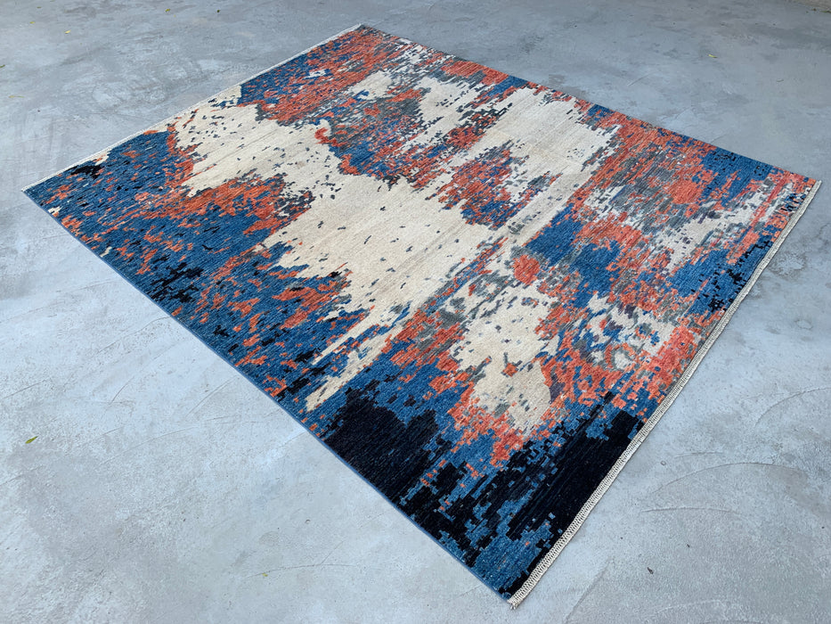 9'7 x 7'10 handgeknoopt Peshawari Chobi wollen tapijt - Modern abstract vloerkleed in blauw, ivoor en roest - KBHM-523