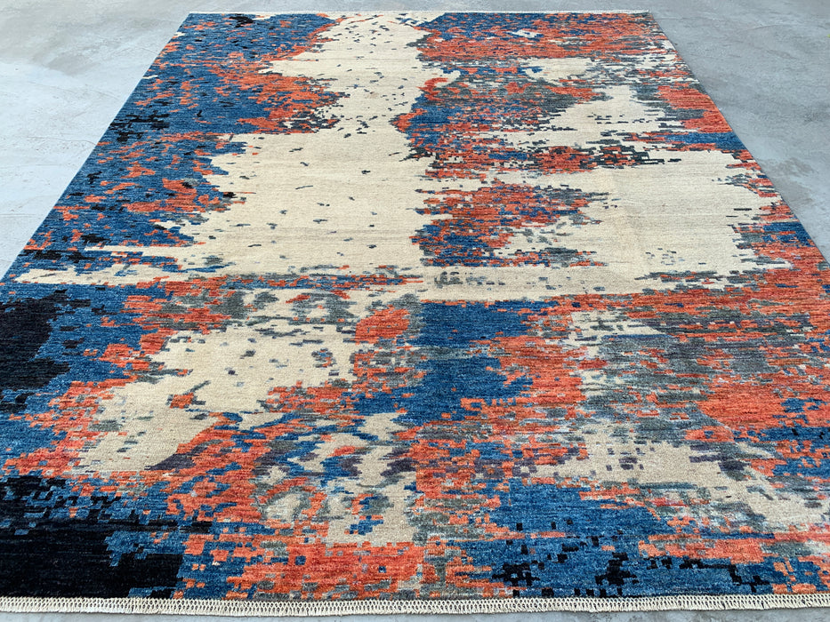 9'7 x 7'10 handgeknoopt Peshawari Chobi wollen tapijt - Modern abstract vloerkleed in blauw, ivoor en roest - KBHM-523