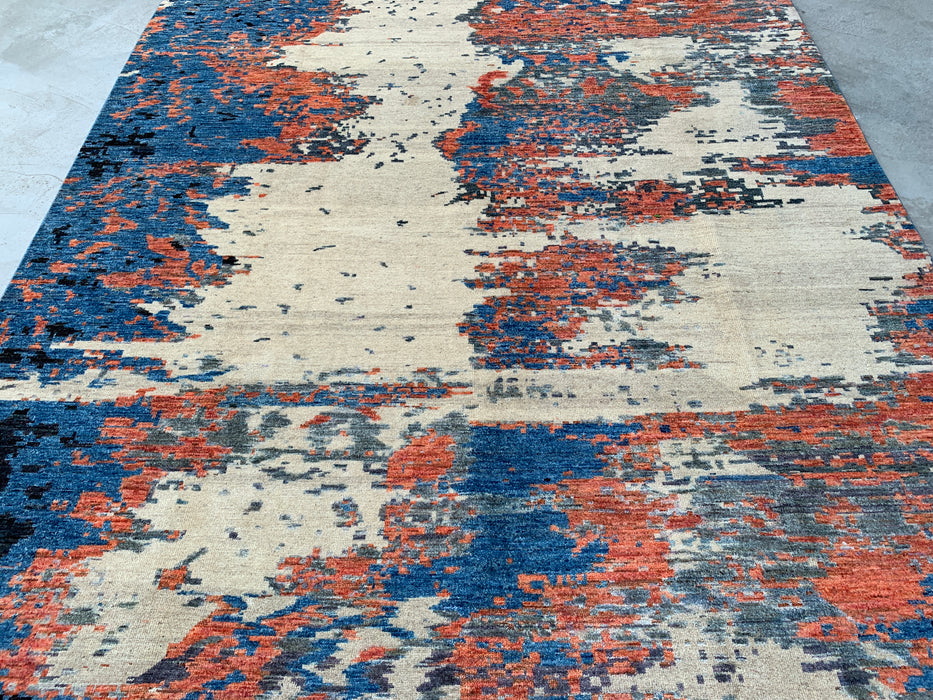 9'7 x 7'10 handgeknoopt Peshawari Chobi wollen tapijt - Modern abstract vloerkleed in blauw, ivoor en roest - KBHM-523