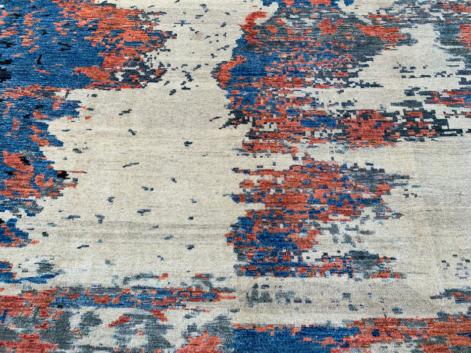 9'7 x 7'10 handgeknoopt Peshawari Chobi wollen tapijt - Modern abstract vloerkleed in blauw, ivoor en roest - KBHM-523
