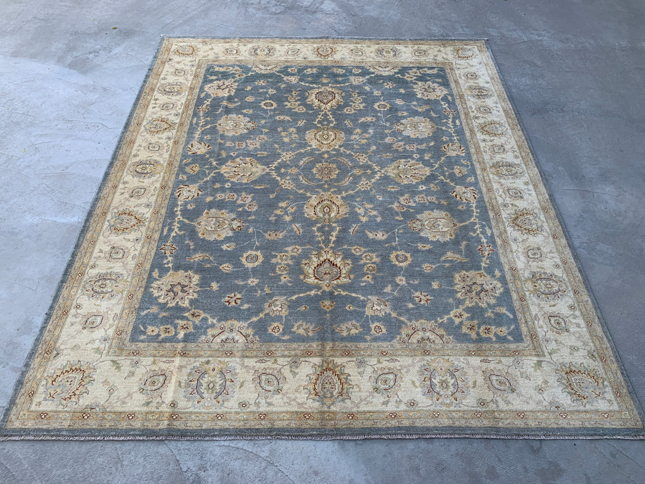9'10 x 8'2 Hand-Knotted Peshawari Chobi Wool Rug - Light Blue Gray Traditional Floral Area Rug - KBHM-524