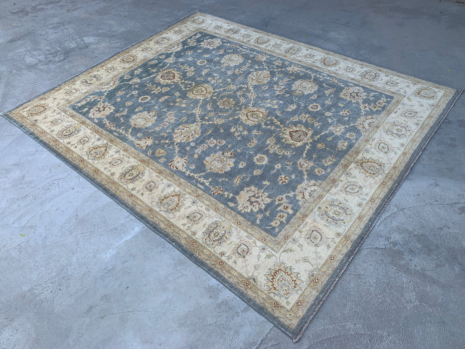 9'10 x 8'2 Hand-Knotted Peshawari Chobi Wool Rug - Light Blue Gray Traditional Floral Area Rug - KBHM-524