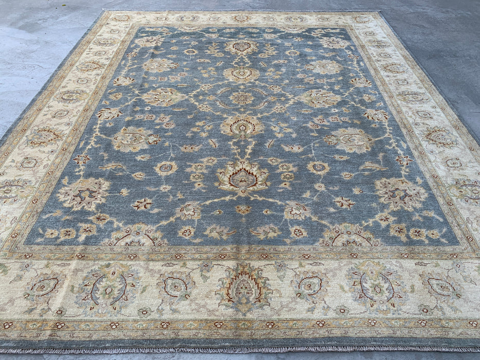 9'10 x 8'2 Hand-Knotted Peshawari Chobi Wool Rug - Light Blue Gray Traditional Floral Area Rug - KBHM-524