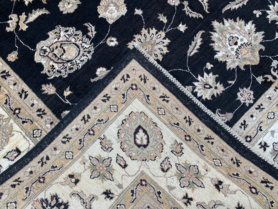 9'9 x 8'1 Handgeknoopt Peshawari Chobi Wollen Vloerkleed - Zwart Traditioneel Bloemrijk Vloerkleed - KBHM-525