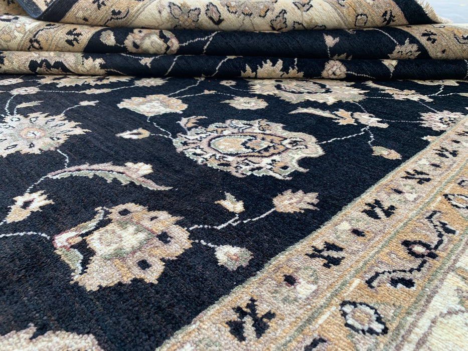 9'9 x 8'1 Handgeknoopt Peshawari Chobi Wollen Vloerkleed - Zwart Traditioneel Bloemrijk Vloerkleed - KBHM-525
