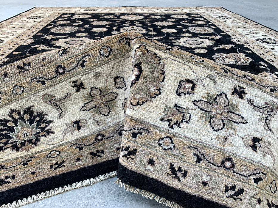 9'9 x 8'1 Handgeknoopt Peshawari Chobi Wollen Vloerkleed - Zwart Traditioneel Bloemrijk Vloerkleed - KBHM-525
