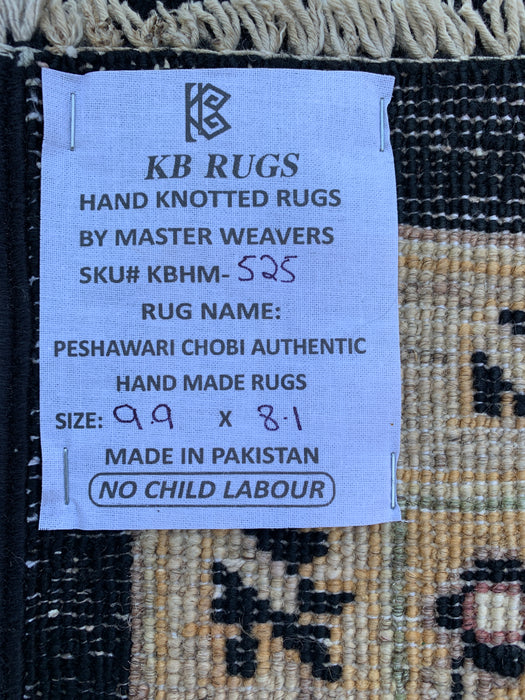 9'9 x 8'1 Handgeknoopt Peshawari Chobi Wollen Vloerkleed - Zwart Traditioneel Bloemrijk Vloerkleed - KBHM-525