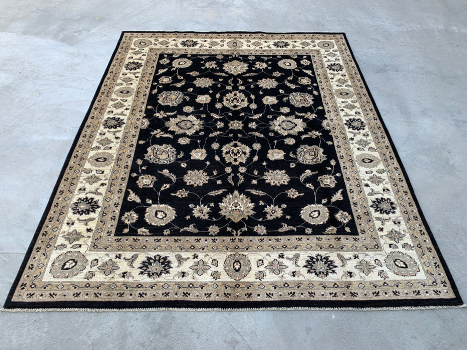 9'9 x 8'1 Handgeknoopt Peshawari Chobi Wollen Vloerkleed - Zwart Traditioneel Bloemrijk Vloerkleed - KBHM-525