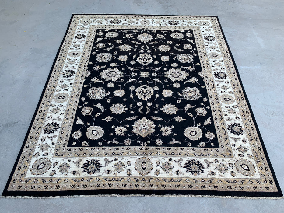 9'9 x 8'1 Handgeknoopt Peshawari Chobi Wollen Vloerkleed - Zwart Traditioneel Bloemrijk Vloerkleed - KBHM-525