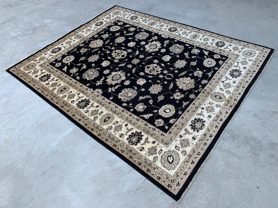 9'9 x 8'1 Handgeknoopt Peshawari Chobi Wollen Vloerkleed - Zwart Traditioneel Bloemrijk Vloerkleed - KBHM-525