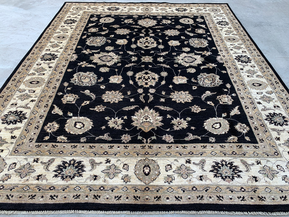9'9 x 8'1 Handgeknoopt Peshawari Chobi Wollen Vloerkleed - Zwart Traditioneel Bloemrijk Vloerkleed - KBHM-525