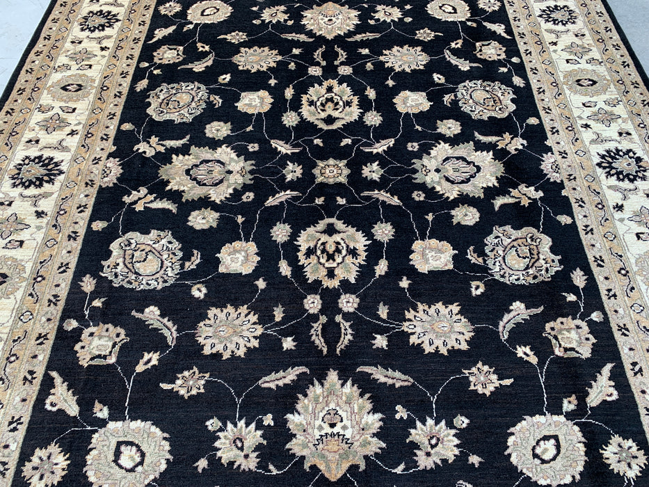 9'9 x 8'1 Handgeknoopt Peshawari Chobi Wollen Vloerkleed - Zwart Traditioneel Bloemrijk Vloerkleed - KBHM-525