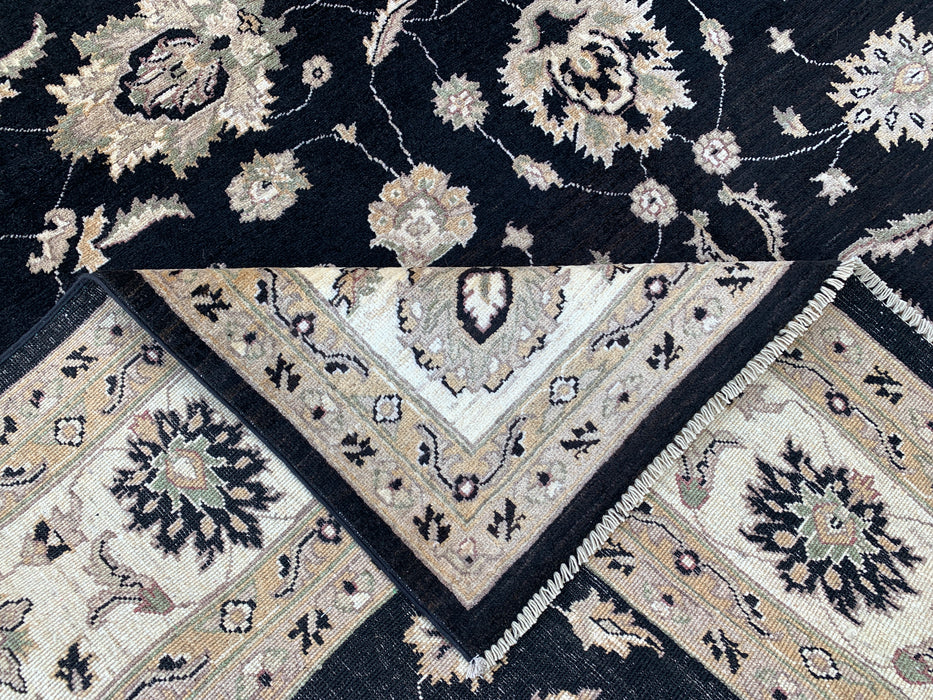 9'9 x 8'1 Handgeknoopt Peshawari Chobi Wollen Vloerkleed - Zwart Traditioneel Bloemrijk Vloerkleed - KBHM-525