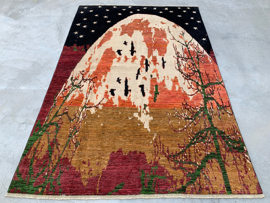 9'7 x 6'5 Hand-Knotted Peshawari Chobi Wool Rug - Modern Pictorial Moon Landscape Area Rug - KBHM-526