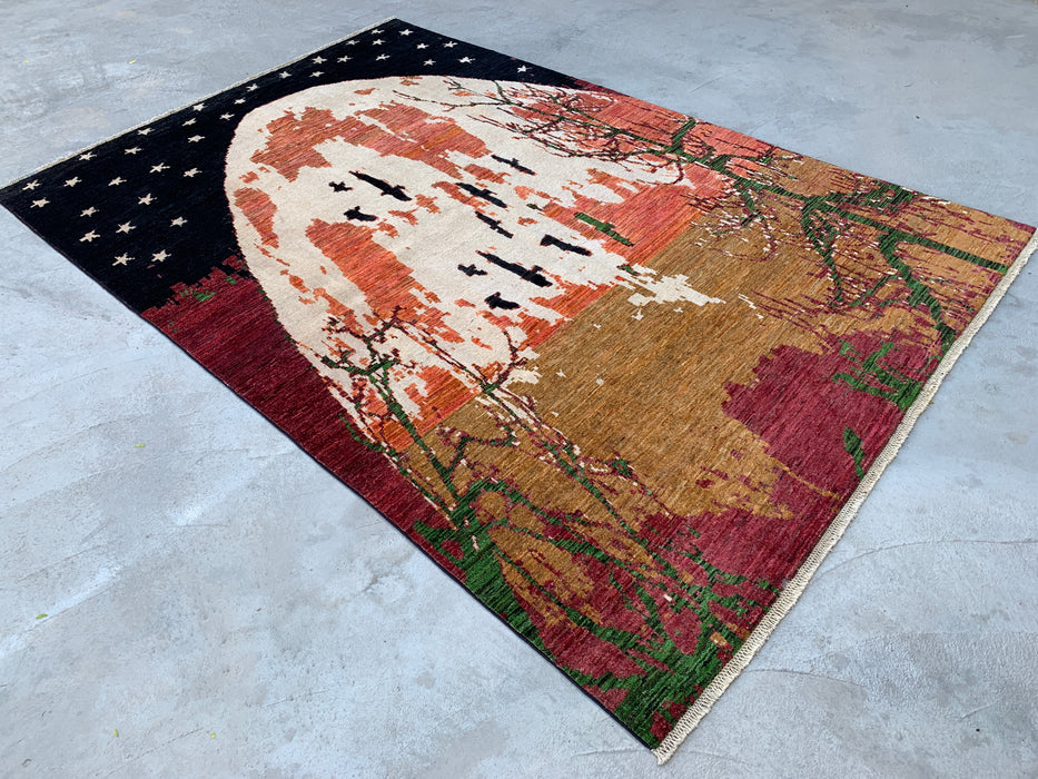 9'7 x 6'5 Hand-Knotted Peshawari Chobi Wool Rug - Modern Pictorial Moon Landscape Area Rug - KBHM-526