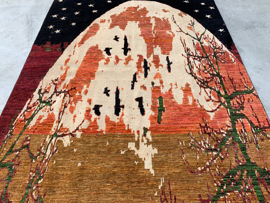 9'7 x 6'5 Hand-Knotted Peshawari Chobi Wool Rug - Modern Pictorial Moon Landscape Area Rug - KBHM-526
