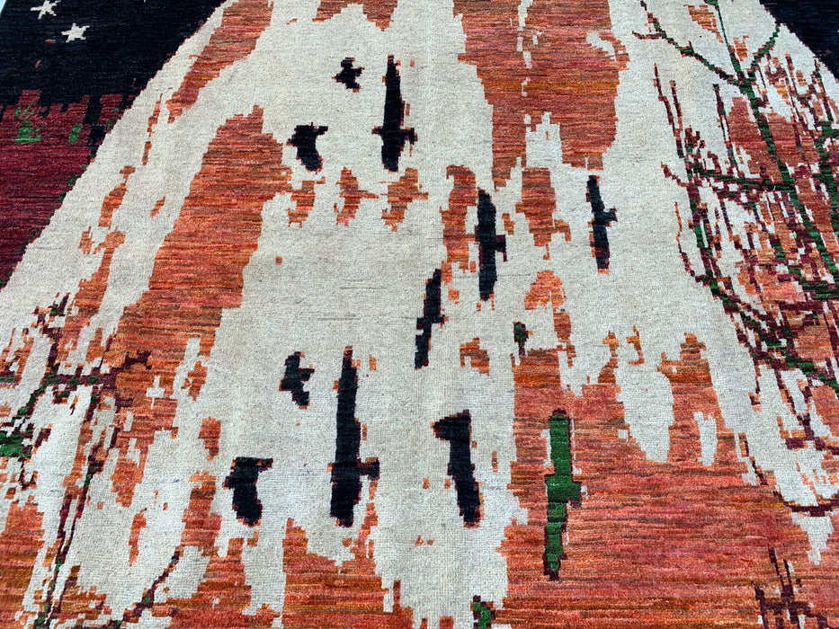 9'7 x 6'5 Hand-Knotted Peshawari Chobi Wool Rug - Modern Pictorial Moon Landscape Area Rug - KBHM-526