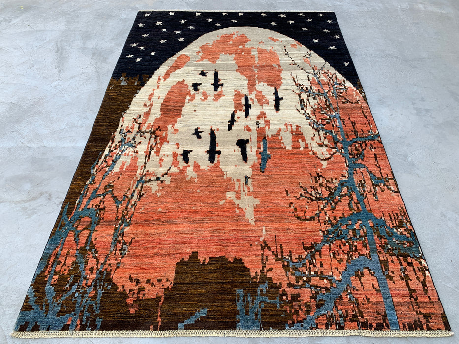 9'10 x 6'5 handgeknoopt Peshawari Chobi wollen tapijt - Modern picturaal maanlandschap vloerkleed - KBHM-527
