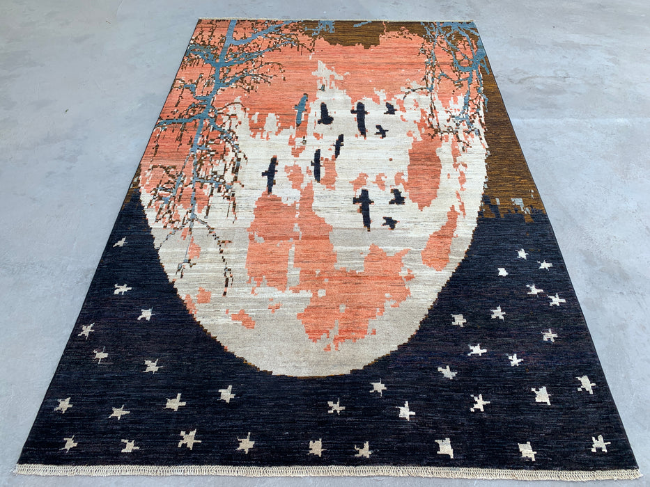 9'10 x 6'5 handgeknoopt Peshawari Chobi wollen tapijt - Modern picturaal maanlandschap vloerkleed - KBHM-527