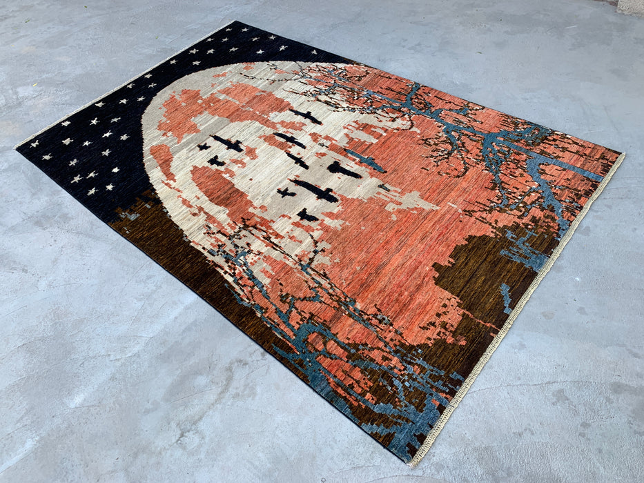 9'10 x 6'5 handgeknoopt Peshawari Chobi wollen tapijt - Modern picturaal maanlandschap vloerkleed - KBHM-527