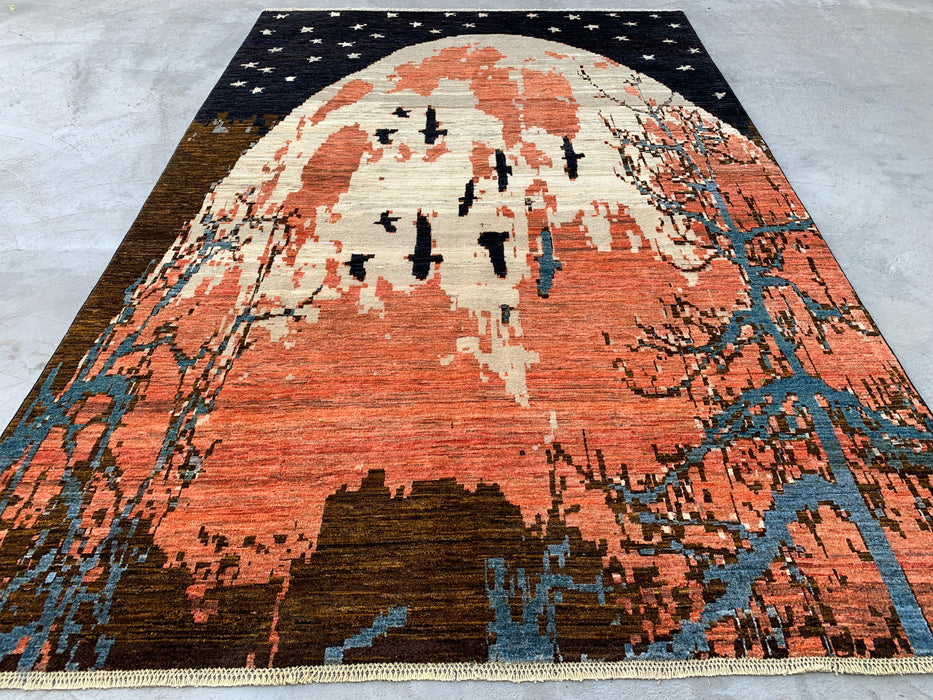 9'10 x 6'5 handgeknoopt Peshawari Chobi wollen tapijt - Modern picturaal maanlandschap vloerkleed - KBHM-527