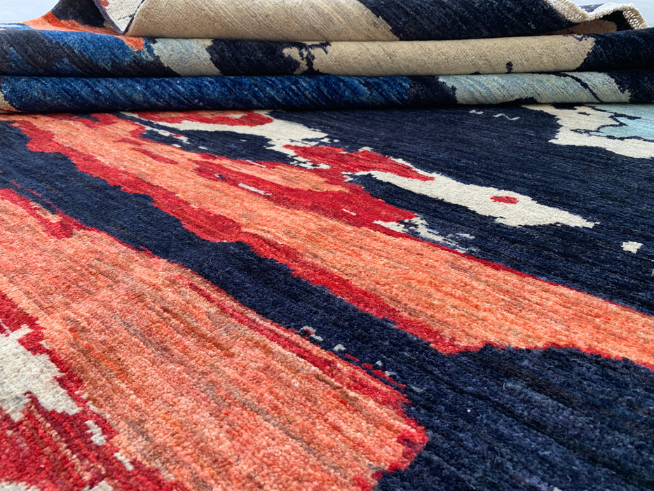 9'9 x 6'4 Hand-Knotted Peshawari Chobi Wool Rug - Modern Abstract Navy Blue Ivory Rust Area Rug - KBHM-528
