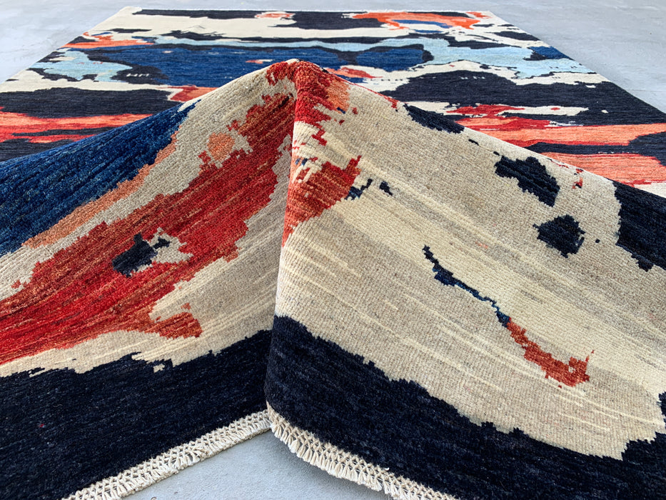 9'9 x 6'4 Hand-Knotted Peshawari Chobi Wool Rug - Modern Abstract Navy Blue Ivory Rust Area Rug - KBHM-528