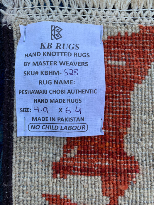 9'9 x 6'4 Hand-Knotted Peshawari Chobi Wool Rug - Modern Abstract Navy Blue Ivory Rust Area Rug - KBHM-528