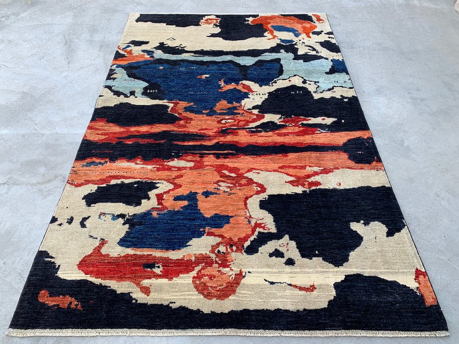 9'9 x 6'4 Hand-Knotted Peshawari Chobi Wool Rug - Modern Abstract Navy Blue Ivory Rust Area Rug - KBHM-528