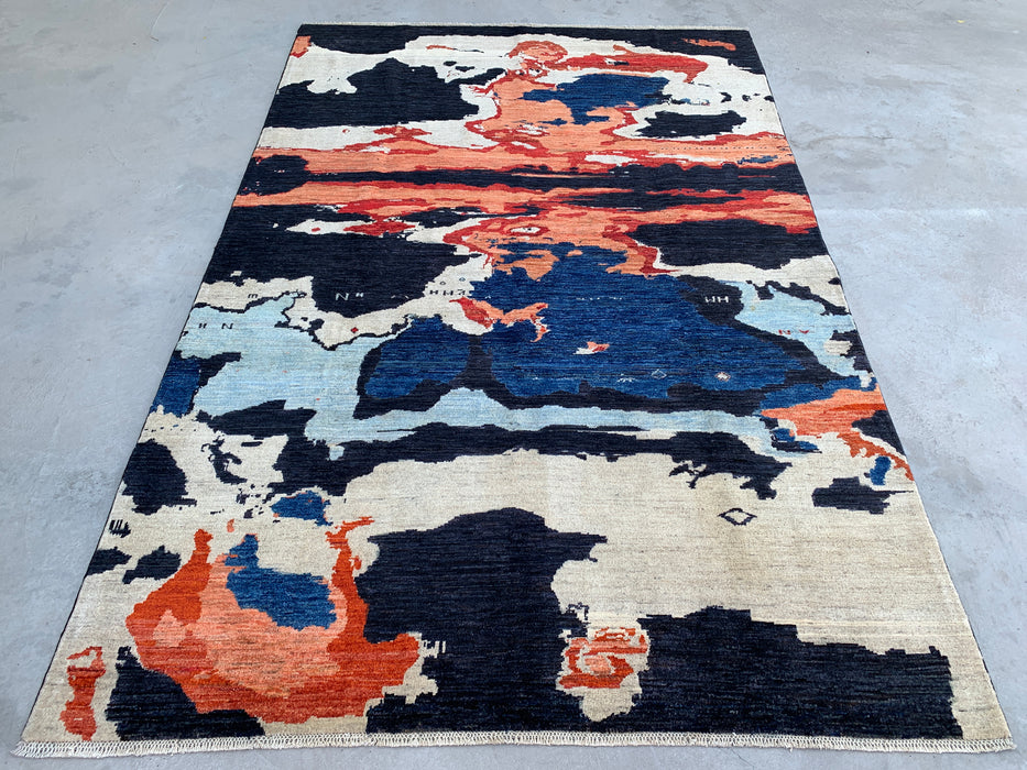 9'9 x 6'4 Hand-Knotted Peshawari Chobi Wool Rug - Modern Abstract Navy Blue Ivory Rust Area Rug - KBHM-528