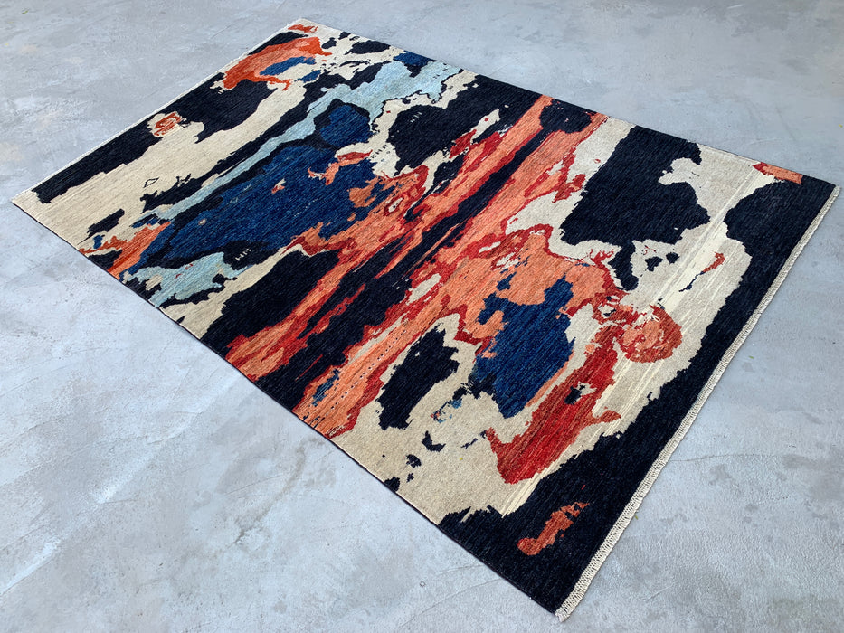 9'9 x 6'4 Hand-Knotted Peshawari Chobi Wool Rug - Modern Abstract Navy Blue Ivory Rust Area Rug - KBHM-528