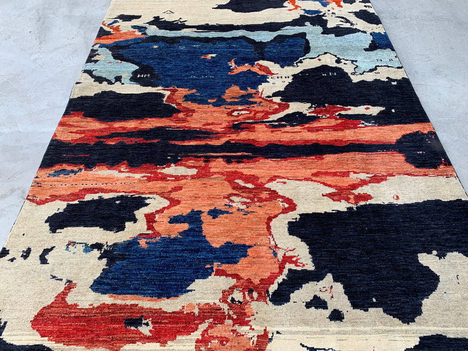 9'9 x 6'4 Hand-Knotted Peshawari Chobi Wool Rug - Modern Abstract Navy Blue Ivory Rust Area Rug - KBHM-528