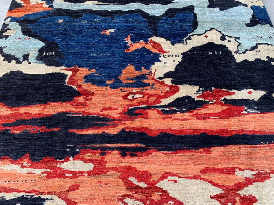 9'9 x 6'4 Hand-Knotted Peshawari Chobi Wool Rug - Modern Abstract Navy Blue Ivory Rust Area Rug - KBHM-528