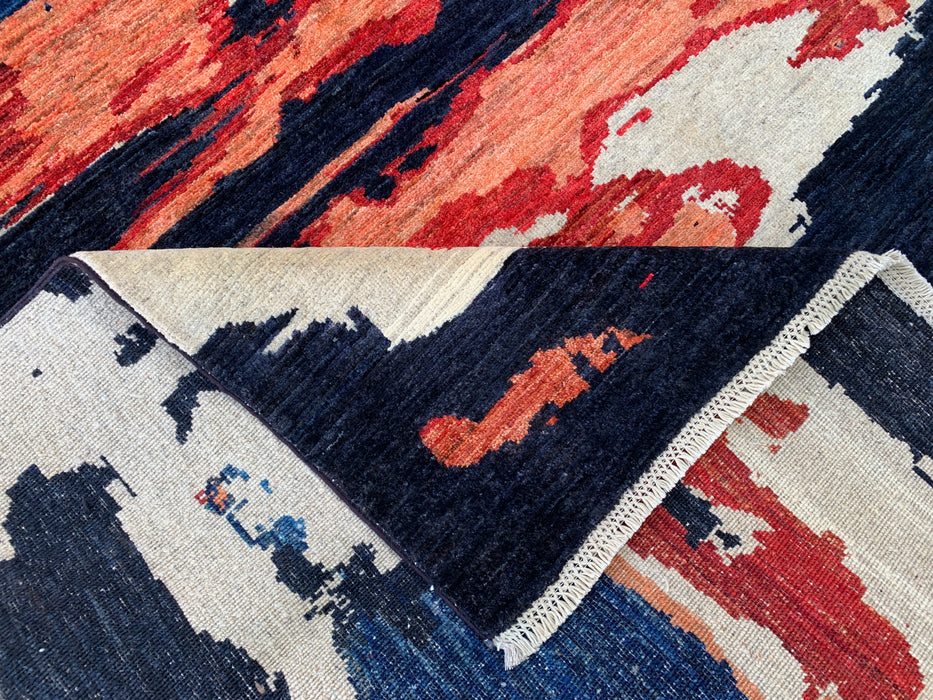 9'9 x 6'4 Hand-Knotted Peshawari Chobi Wool Rug - Modern Abstract Navy Blue Ivory Rust Area Rug - KBHM-528