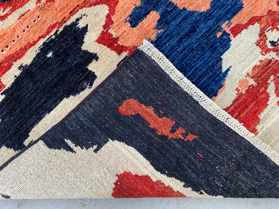 9'9 x 6'4 Hand-Knotted Peshawari Chobi Wool Rug - Modern Abstract Navy Blue Ivory Rust Area Rug - KBHM-528