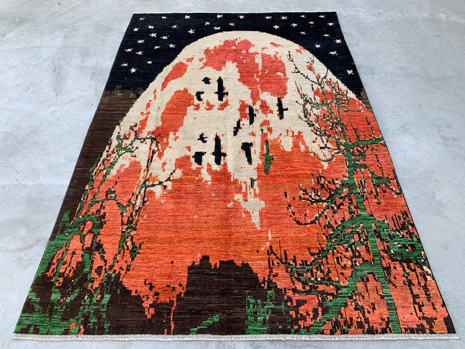 9'7 x 6'6 Handgeknoopt Peshawari Chobi wollen vloerkleed - Modern picturaal maanlandschap vloerkleed - KBHM-529