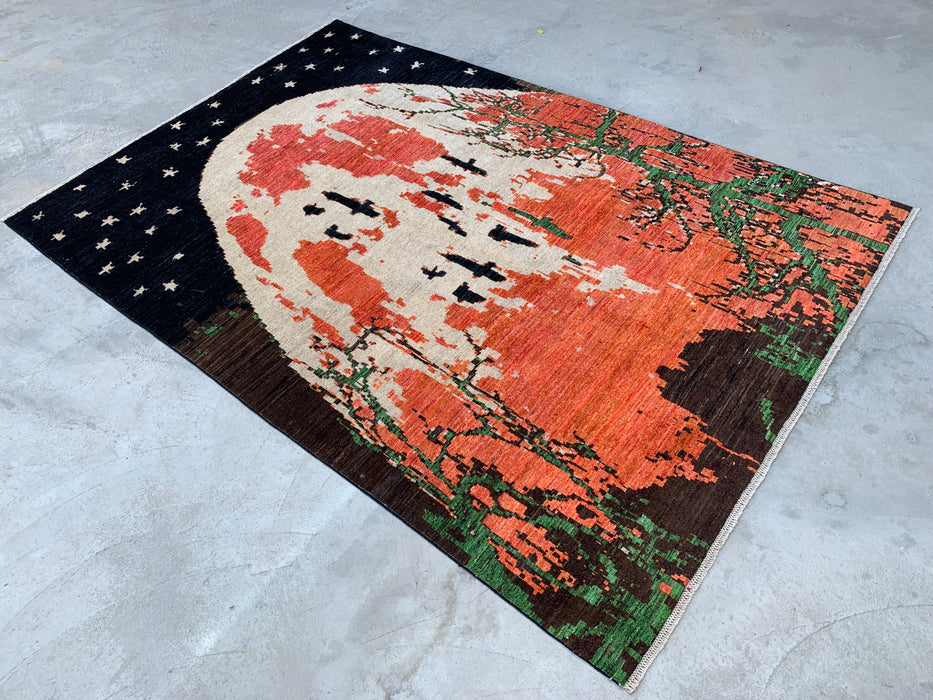 9'7 x 6'6 Handgeknoopt Peshawari Chobi wollen vloerkleed - Modern picturaal maanlandschap vloerkleed - KBHM-529