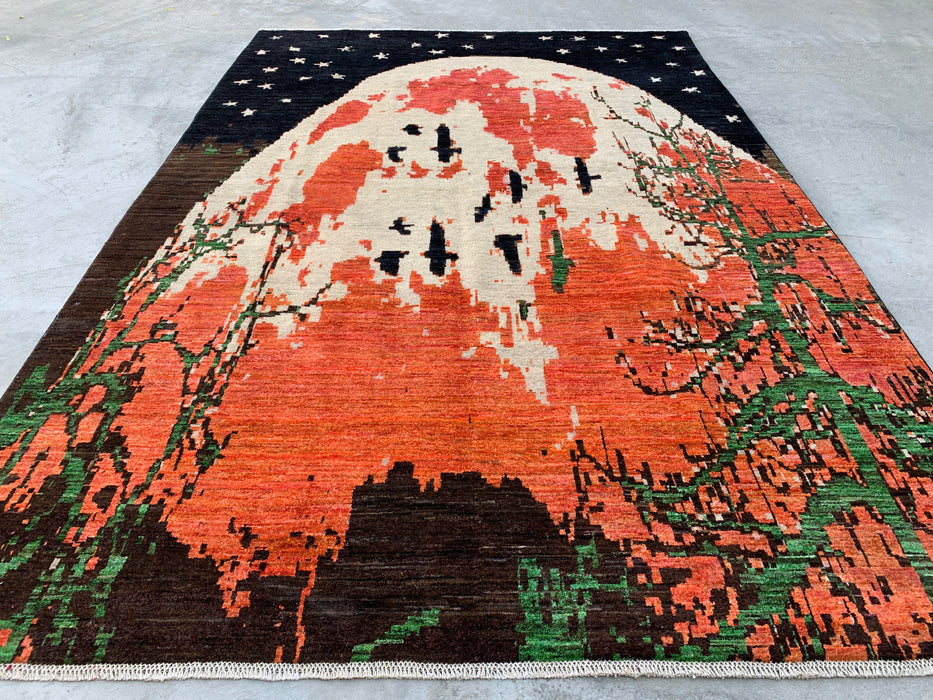 9'7 x 6'6 Handgeknoopt Peshawari Chobi wollen vloerkleed - Modern picturaal maanlandschap vloerkleed - KBHM-529
