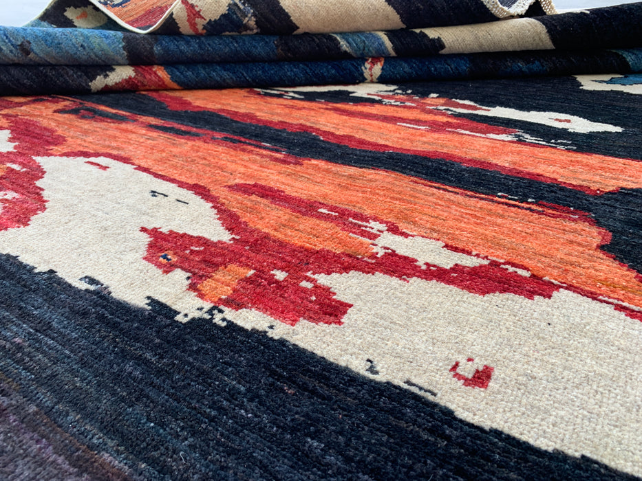 9'5 x 6'9 handgeknoopt Pesjwari Chobi wollen vloerkleed - Modern abstract blauw ivoorkleurig roestkleurig karpet - KBHM-530