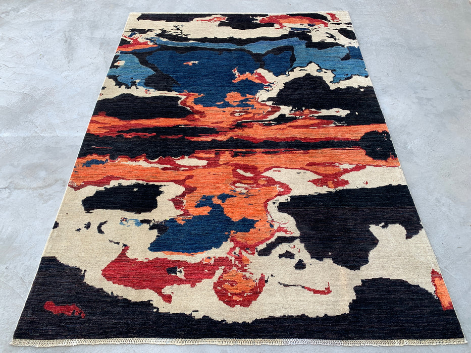 9'5 x 6'9 handgeknoopt Pesjwari Chobi wollen vloerkleed - Modern abstract blauw ivoorkleurig roestkleurig karpet - KBHM-530