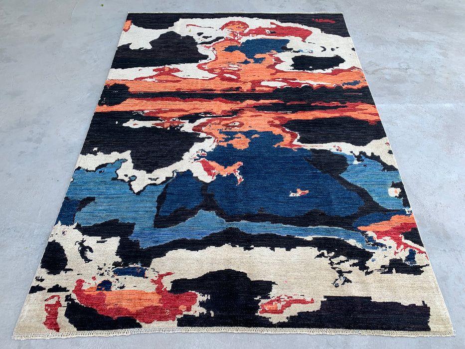 9'5 x 6'9 handgeknoopt Pesjwari Chobi wollen vloerkleed - Modern abstract blauw ivoorkleurig roestkleurig karpet - KBHM-530