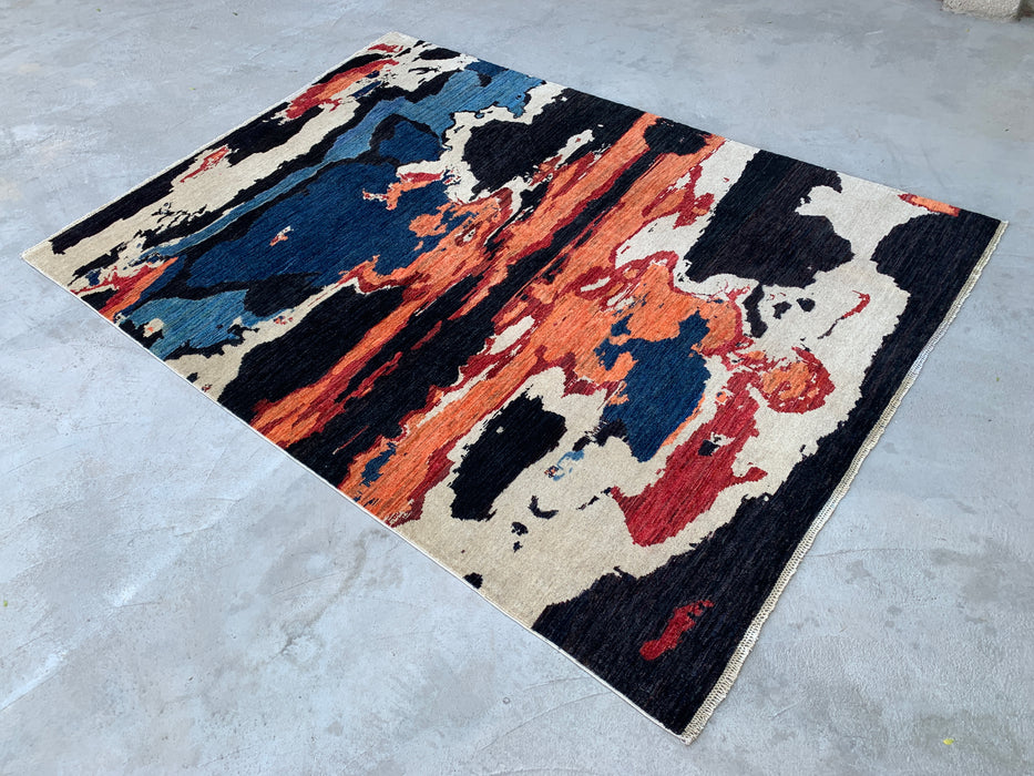 9'5 x 6'9 handgeknoopt Pesjwari Chobi wollen vloerkleed - Modern abstract blauw ivoorkleurig roestkleurig karpet - KBHM-530