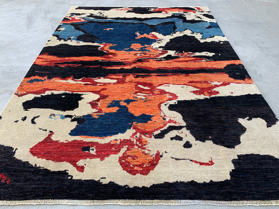 9'5 x 6'9 handgeknoopt Pesjwari Chobi wollen vloerkleed - Modern abstract blauw ivoorkleurig roestkleurig karpet - KBHM-530