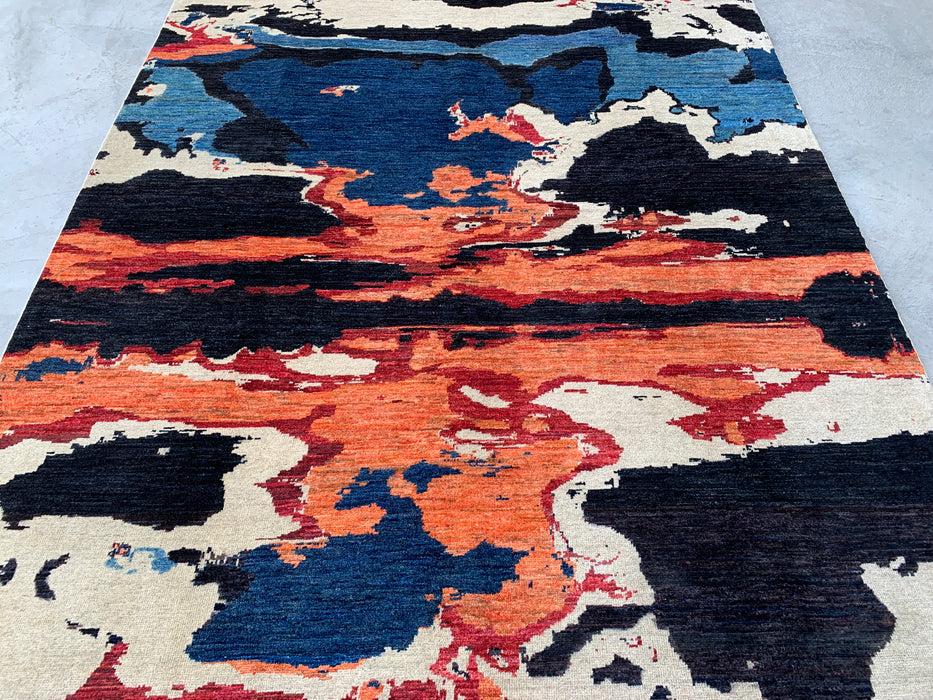 9'5 x 6'9 handgeknoopt Pesjwari Chobi wollen vloerkleed - Modern abstract blauw ivoorkleurig roestkleurig karpet - KBHM-530