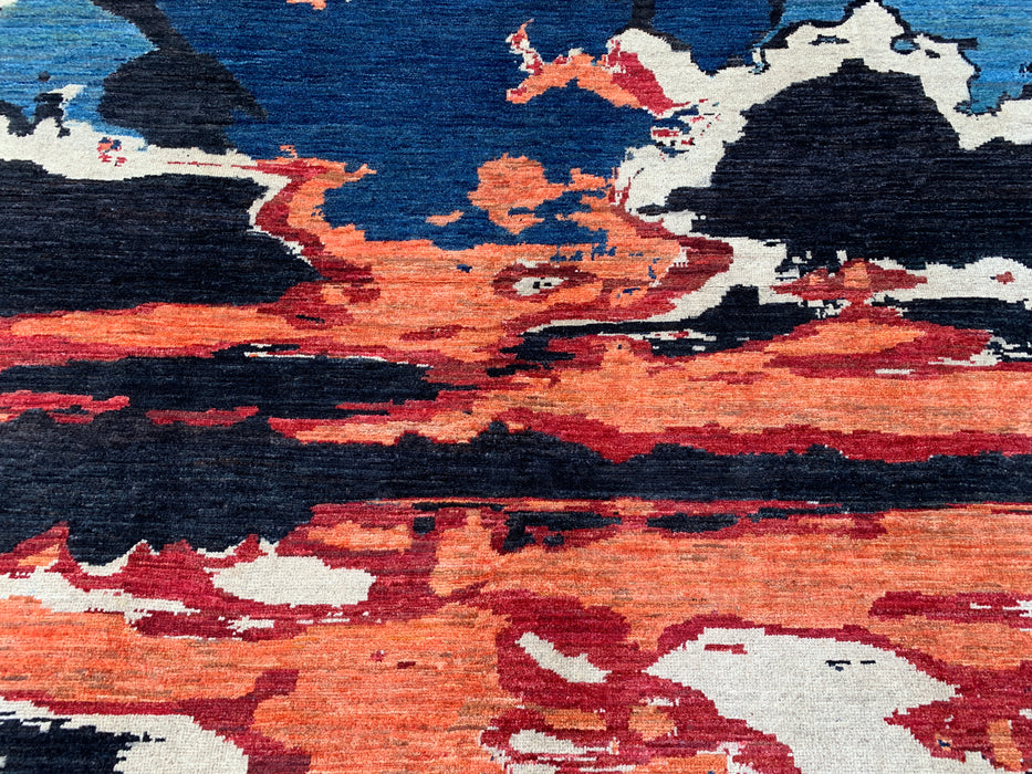 9'5 x 6'9 handgeknoopt Pesjwari Chobi wollen vloerkleed - Modern abstract blauw ivoorkleurig roestkleurig karpet - KBHM-530