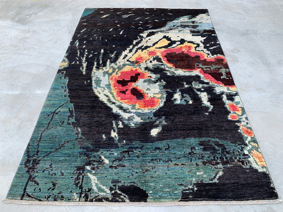 292 x 196 cm handgeknoopt Pesjwari Chobi wollen vloerkleed - Modern abstract blauwgroen zwart vloerkleed - KBHM-531
