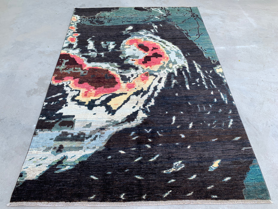 292 x 196 cm handgeknoopt Pesjwari Chobi wollen vloerkleed - Modern abstract blauwgroen zwart vloerkleed - KBHM-531