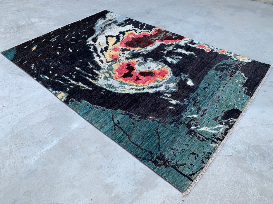 292 x 196 cm handgeknoopt Pesjwari Chobi wollen vloerkleed - Modern abstract blauwgroen zwart vloerkleed - KBHM-531